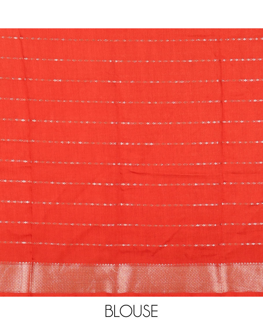 Red horizontal striped Assam silk saree, traditional zari border, and zari striped pallu
