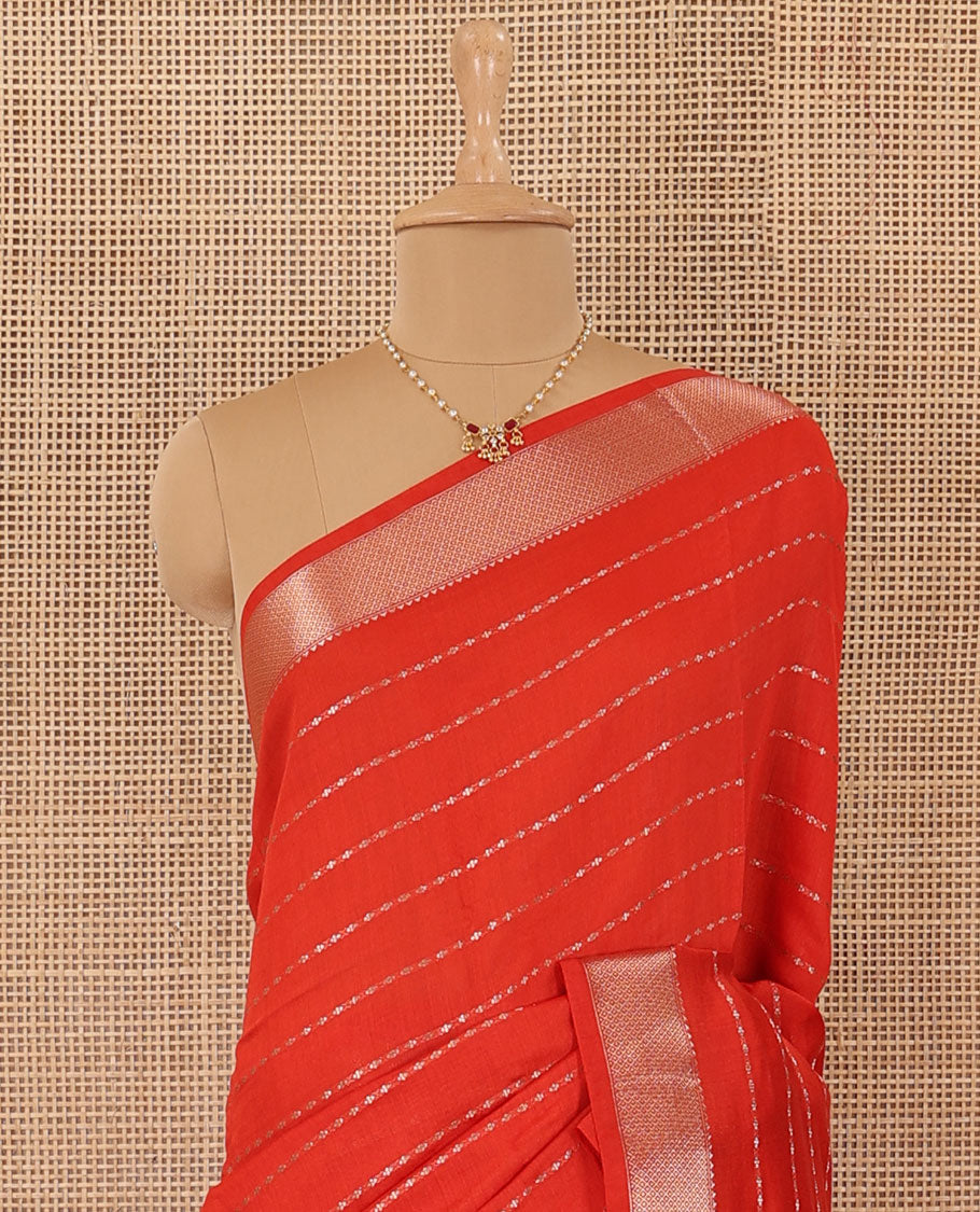 Red horizontal striped Assam silk saree, traditional zari border, and zari striped pallu