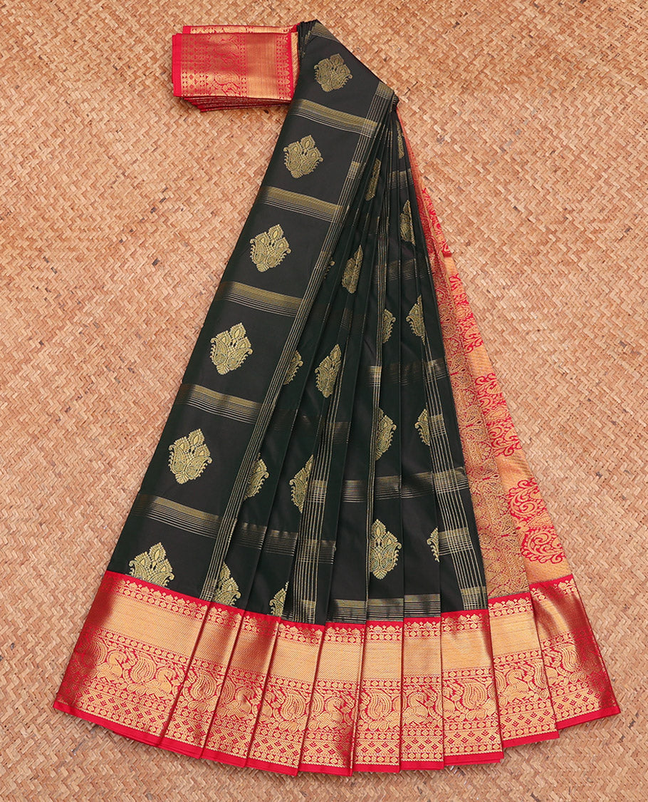 Black Budget Silk Saree, Ornamented with Zari Buttas and Checks, Complemented by a Contrast Traditional Zari Border, Grand Pallu, and Contrast Blouse