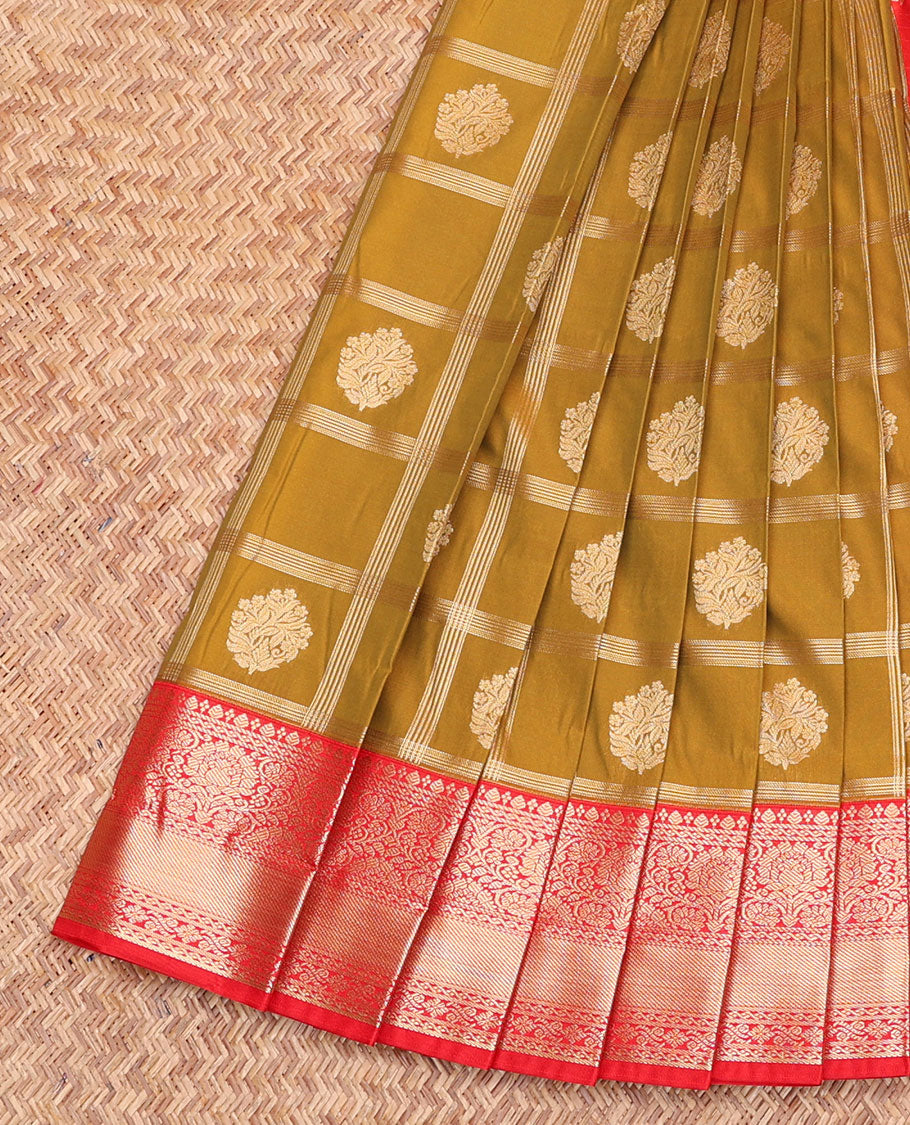 Mustard Budget Silk Saree, Adorned with Zari Butta Enclosed Checks, Contrast Traditional Zari Border, Grand Pallu, and a Contrast Blouse