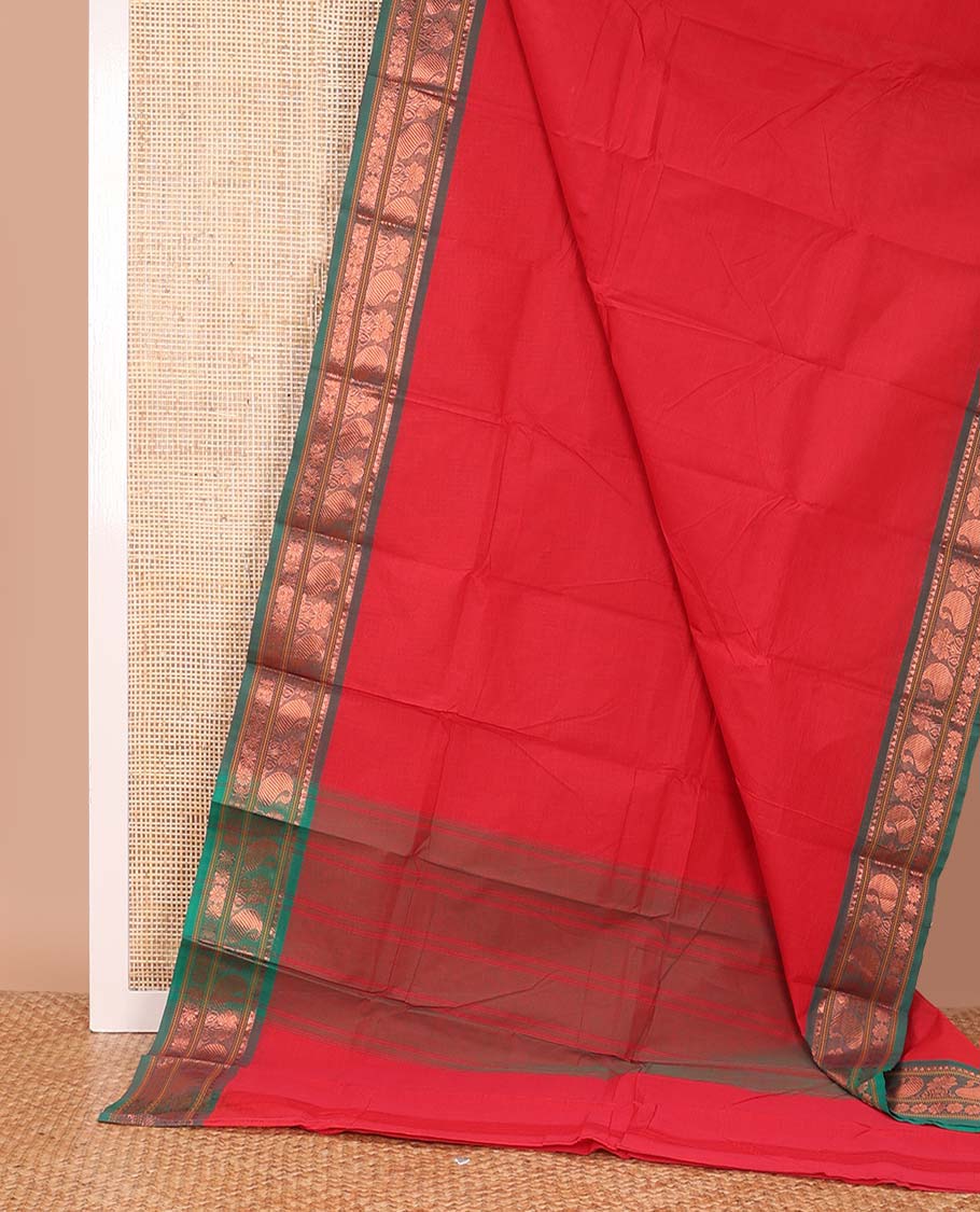 Red plain Chettinad cotton saree, contrast traditional zari border, and pallu of stripes
