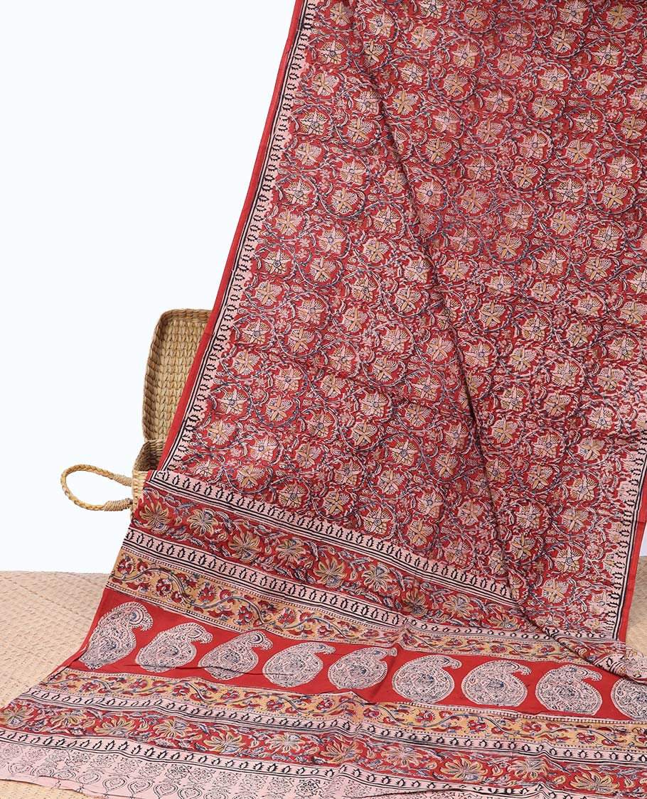 Red floral design machine-printed kalamkari cotton saree with contrast floral design border & intricate floral design pallu
