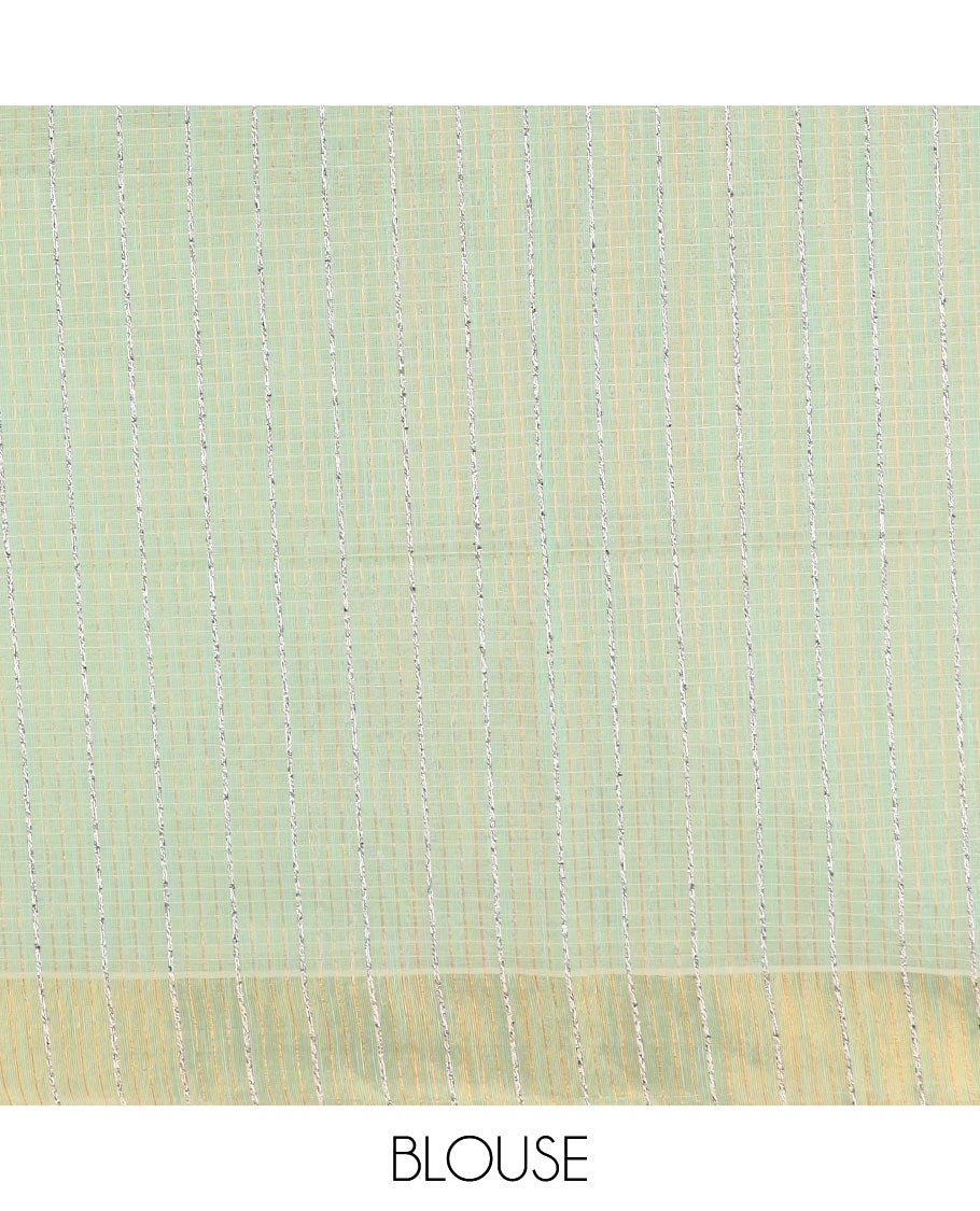 Green sparsely striped jute cotton saree, zari bavanji border, and striped pallu