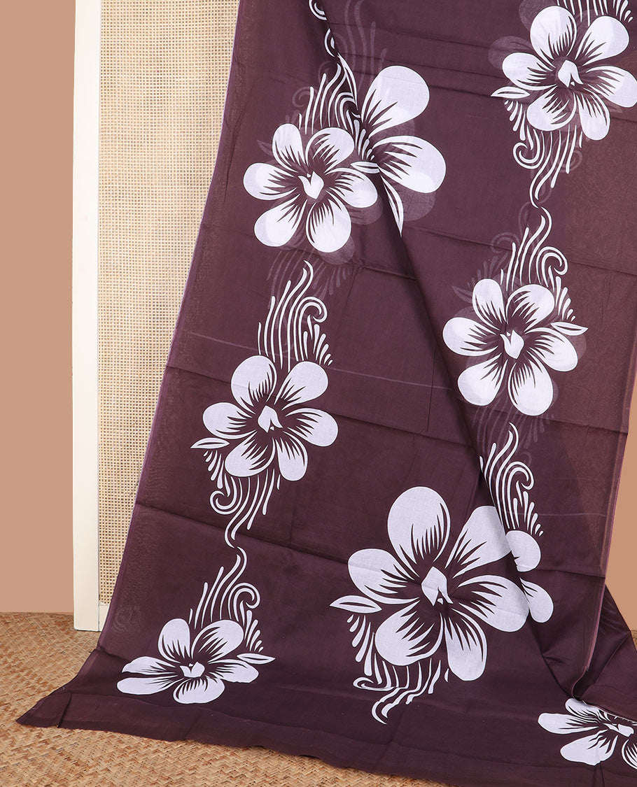 Brown floral printed mixed cotton saree, printed border, and floral printed pallu