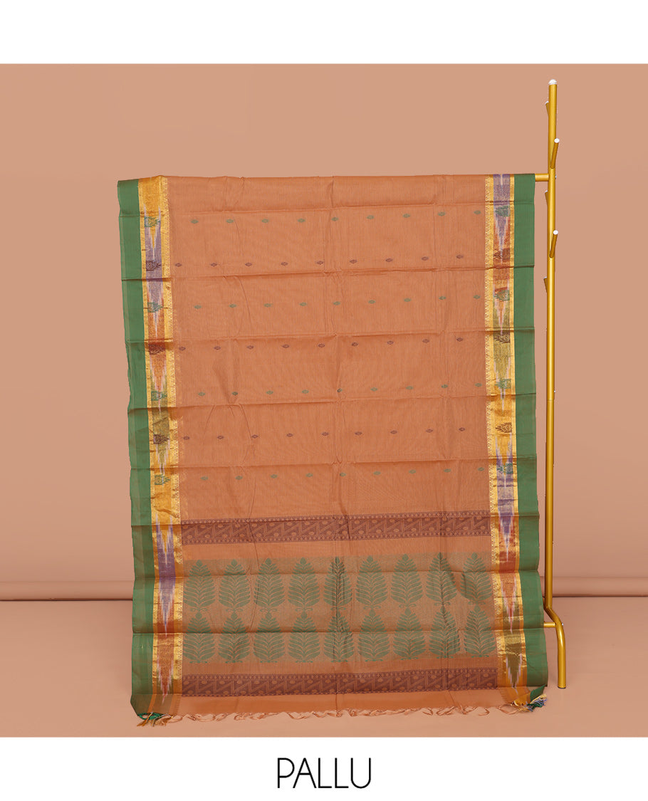 Brown Kanchi Cotton Saree, Embellished with Buttas All Over Its Body, Complemented by a Contrast Ikat Border, Pallu of Tree Designs, and Paired with a Matching Blouse