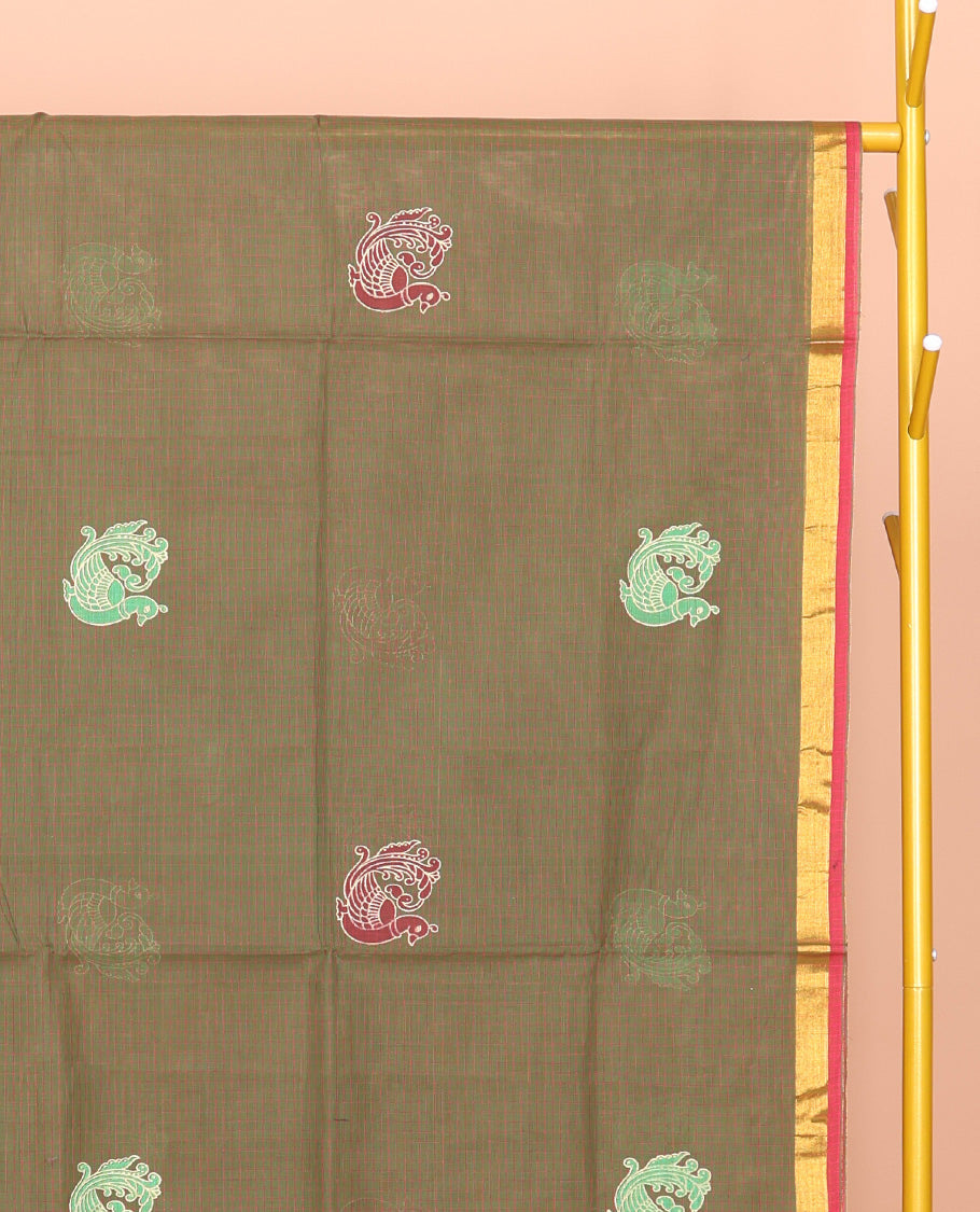 Green Venkatagiri Cotton Saree, Ornamented with Peacock Buttas and Checks, a Contrast Traditional Zari Border, Pallu of Stripes, and No Blouse