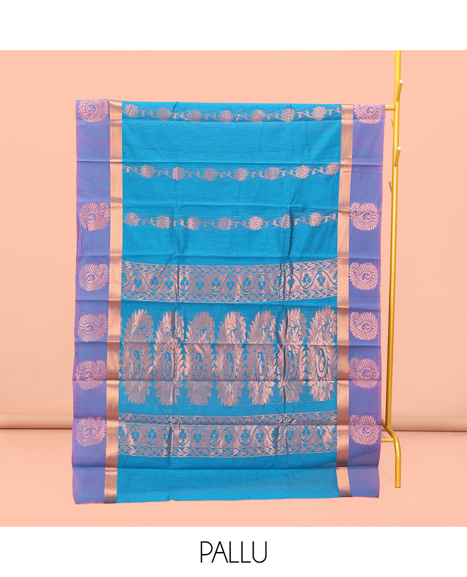 Blue Semi-Silk Cotton Saree, Artfully Detailed with Floral Creeper Design All Over Its Body, Complemented by a Contrast Paisley Zari Design Border, Pallu of Paisley Design, and Paired with a Matching Blouse