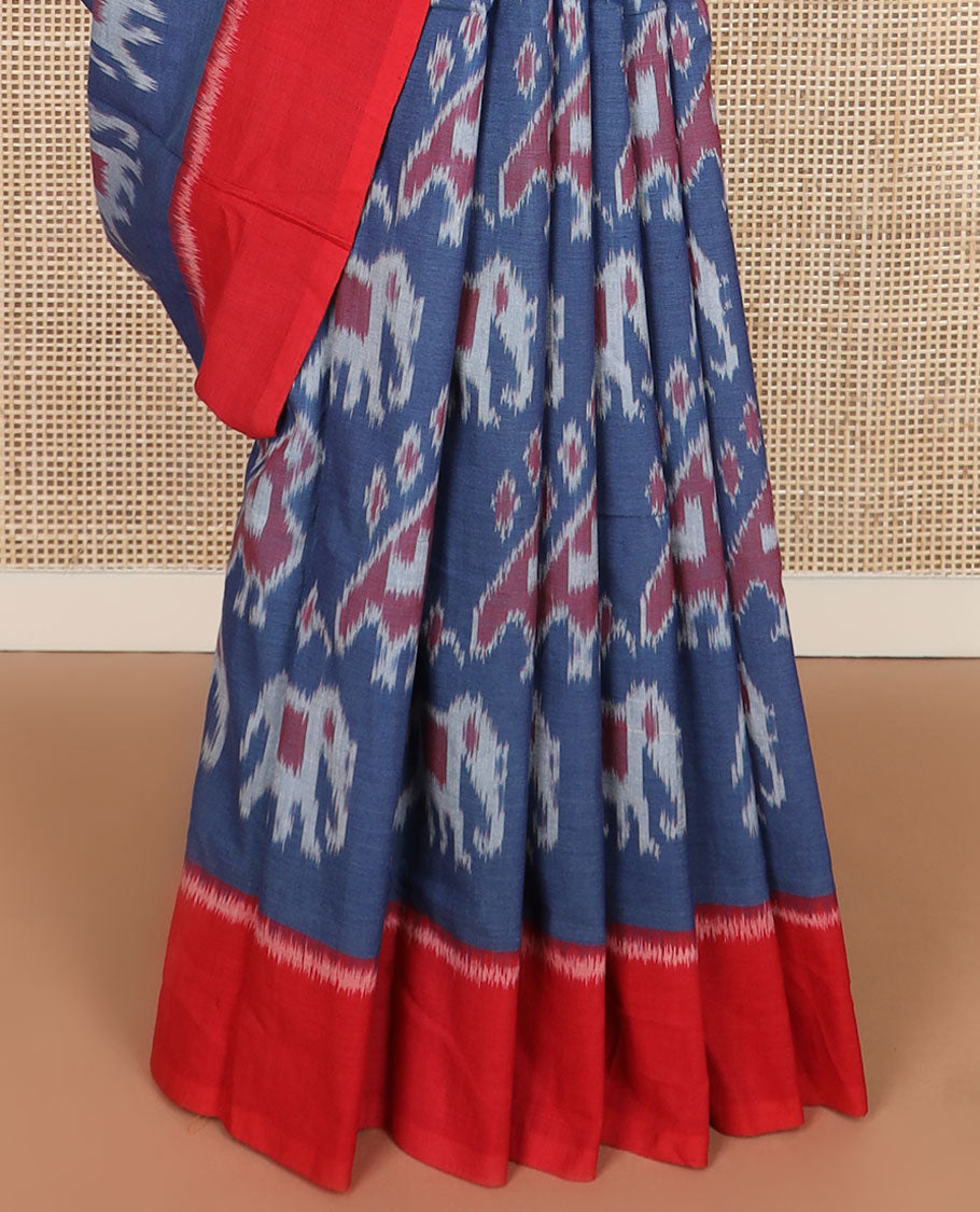 Blue animal motifs ikkat cotton saree, contrast plain border & striped pallu