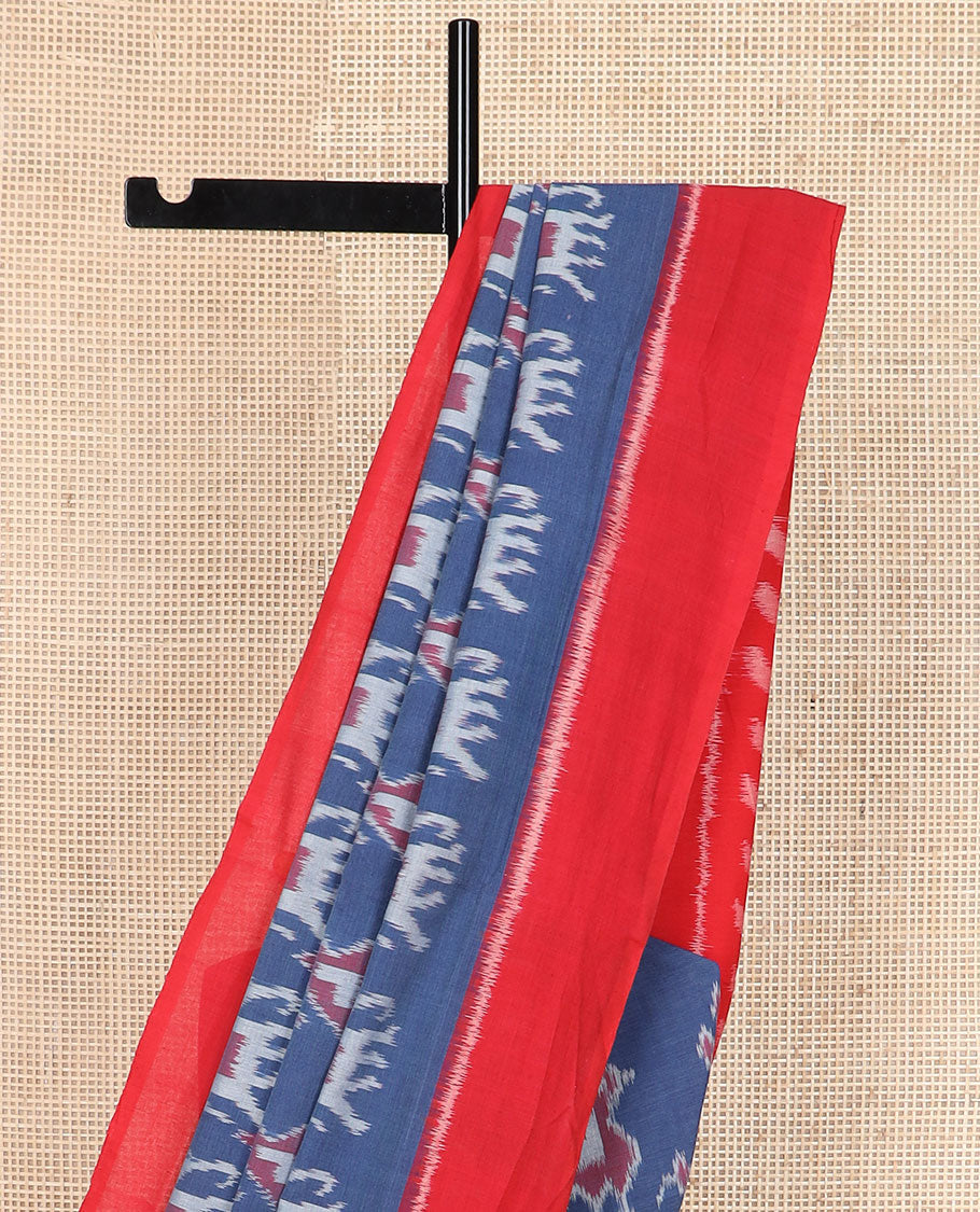 Blue animal motifs ikkat cotton saree, contrast plain border & striped pallu