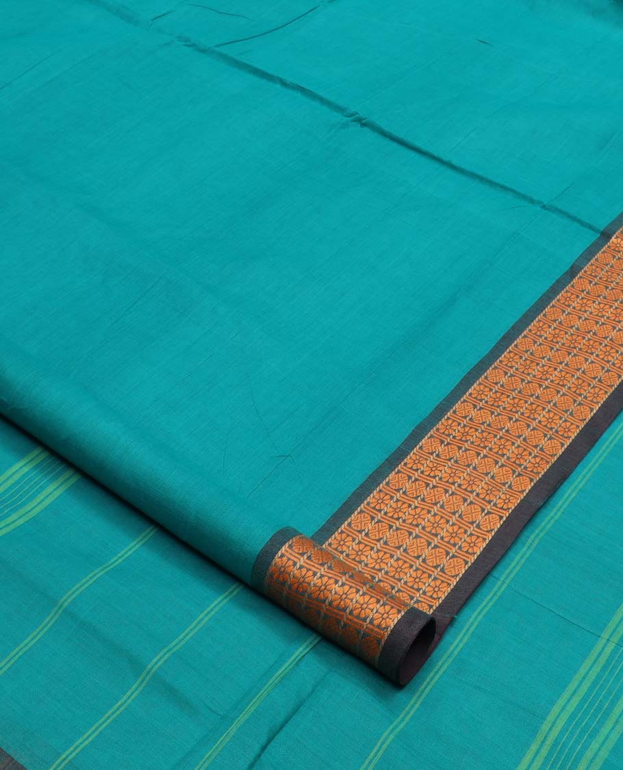 Blue plain nine-yard cotton saree, contrast rudraksham border, and striped pallu