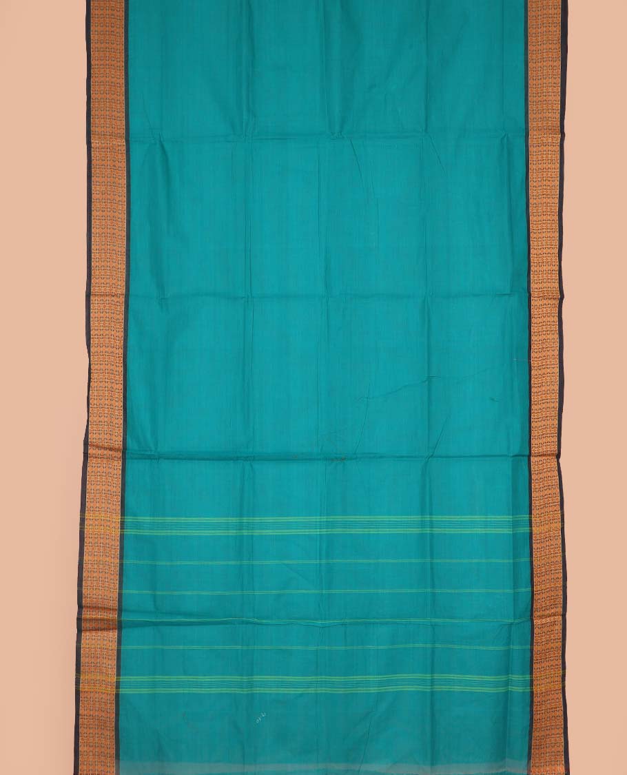 Blue plain nine-yard cotton saree, contrast rudraksham border, and striped pallu