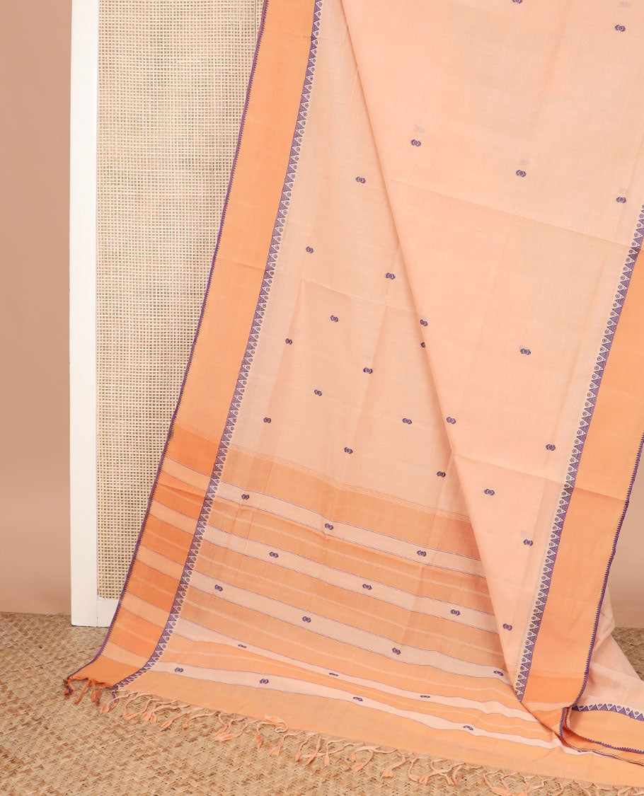 Orange buttas Andhra cotton saree, contrast temple border, and pallu of stripes and buttas