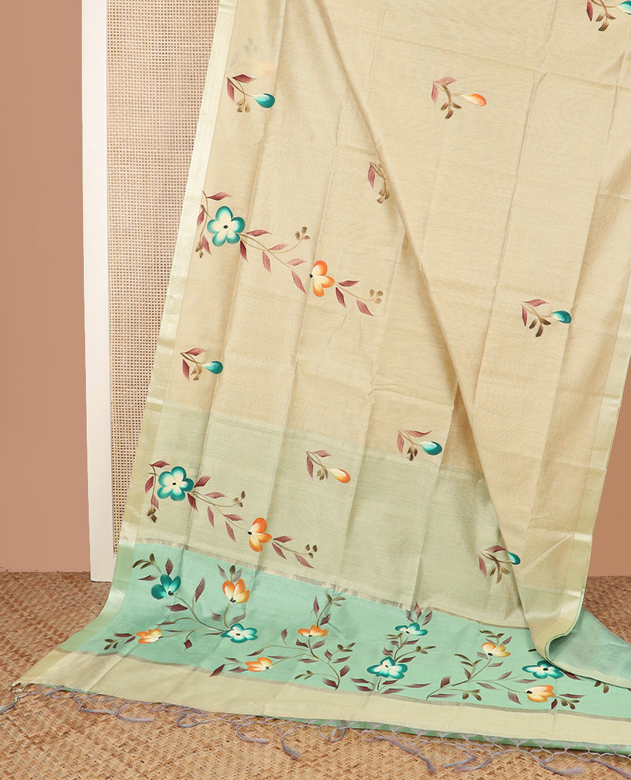 Beige hand brush painting style floral printed chirala cotton saree, plain border, and contrast floral printed pallu