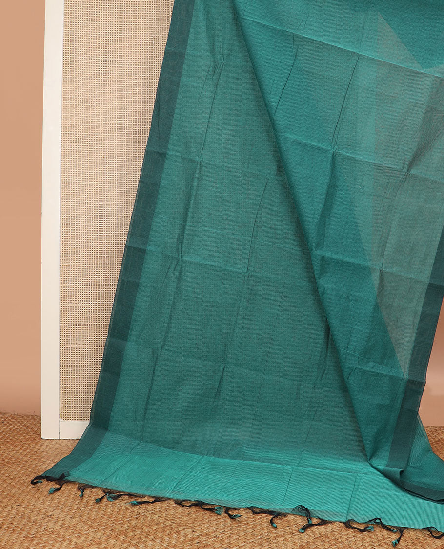 Green striped chirala cotton saree, plain border, and contrast floral vine printed blouse