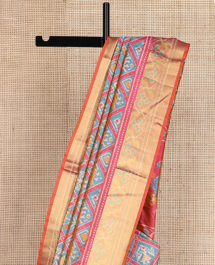 Blue unique motifs enclosed jaal design patola silk saree, contrast zari border, and pallu of paisley designs