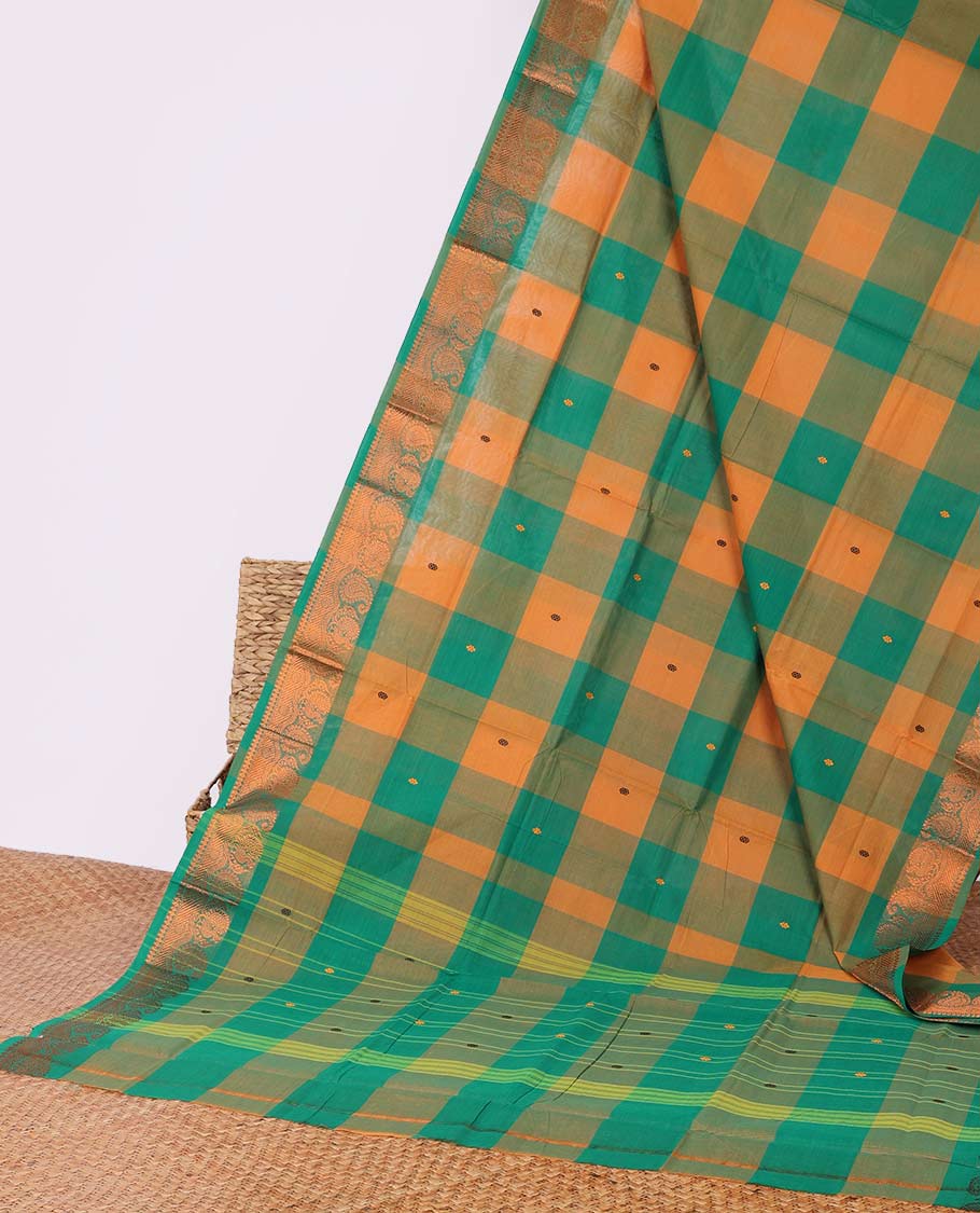 Orange-Blue butta enclosed checked Chettinad cotton saree, traditional zari design border & striped pallu