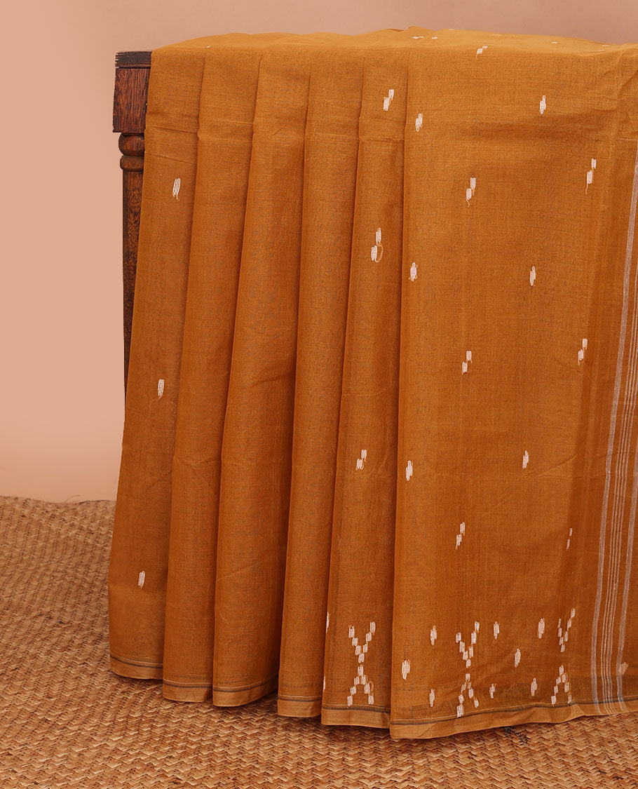Borderless mustard buttas bengal cotton saree, self-pallu of stripes & buttas