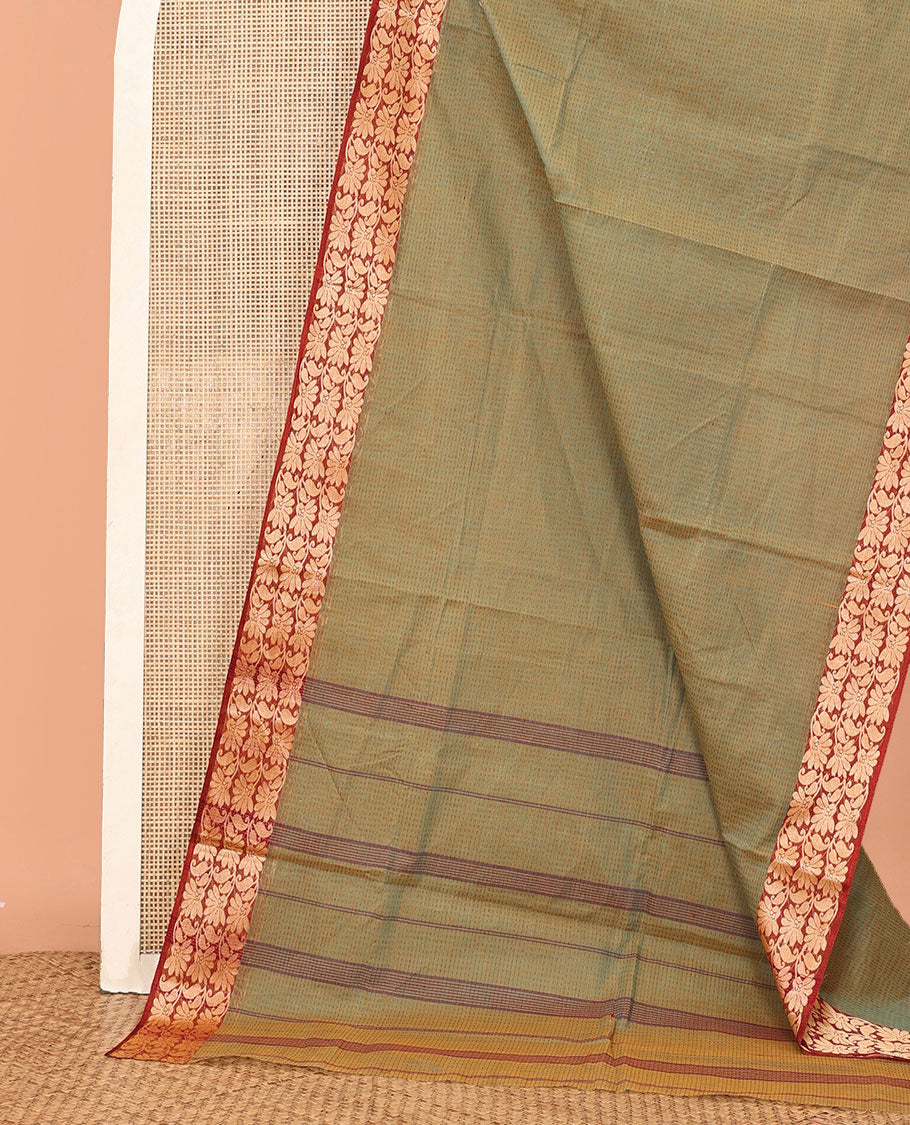 Green Sparsely Woven Bengal Cotton Saree, a Contrast Paisley Creeper Border, Self-Pallu, and No Blouse