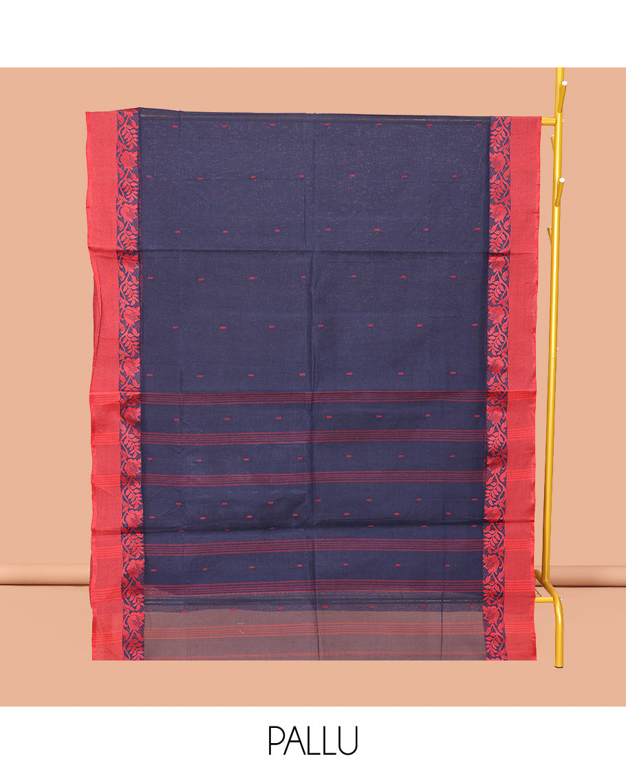 Navy Blue Bengal Cotton Saree, Woven with Buttas, a Contrast Floral Creeper Border, Pallu of Stripes and Buttas, and a Matching Blouse