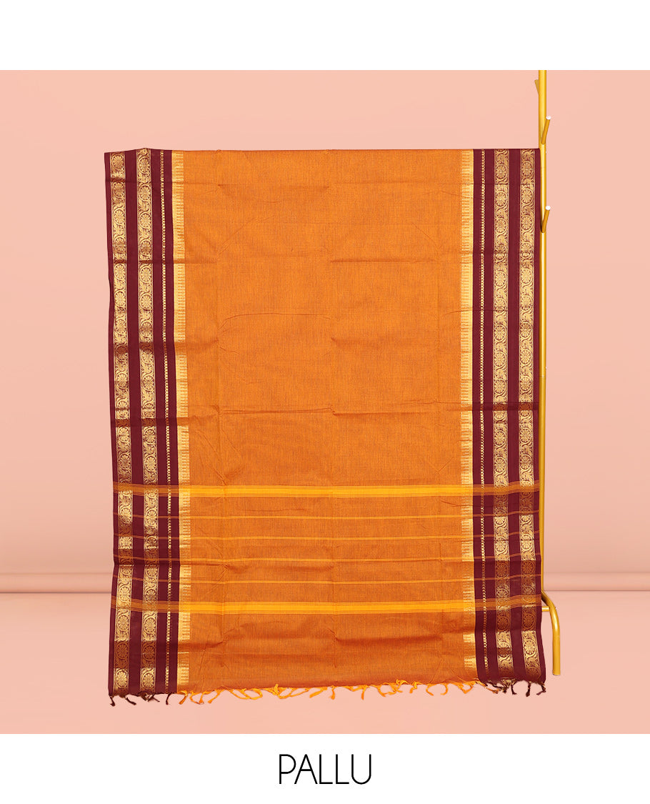 Orange Plain Chettinad Cotton Saree, Contrast Temple Varisai Pettu Floral Creeper Border, Striped Pallu, and a Matching Blouse