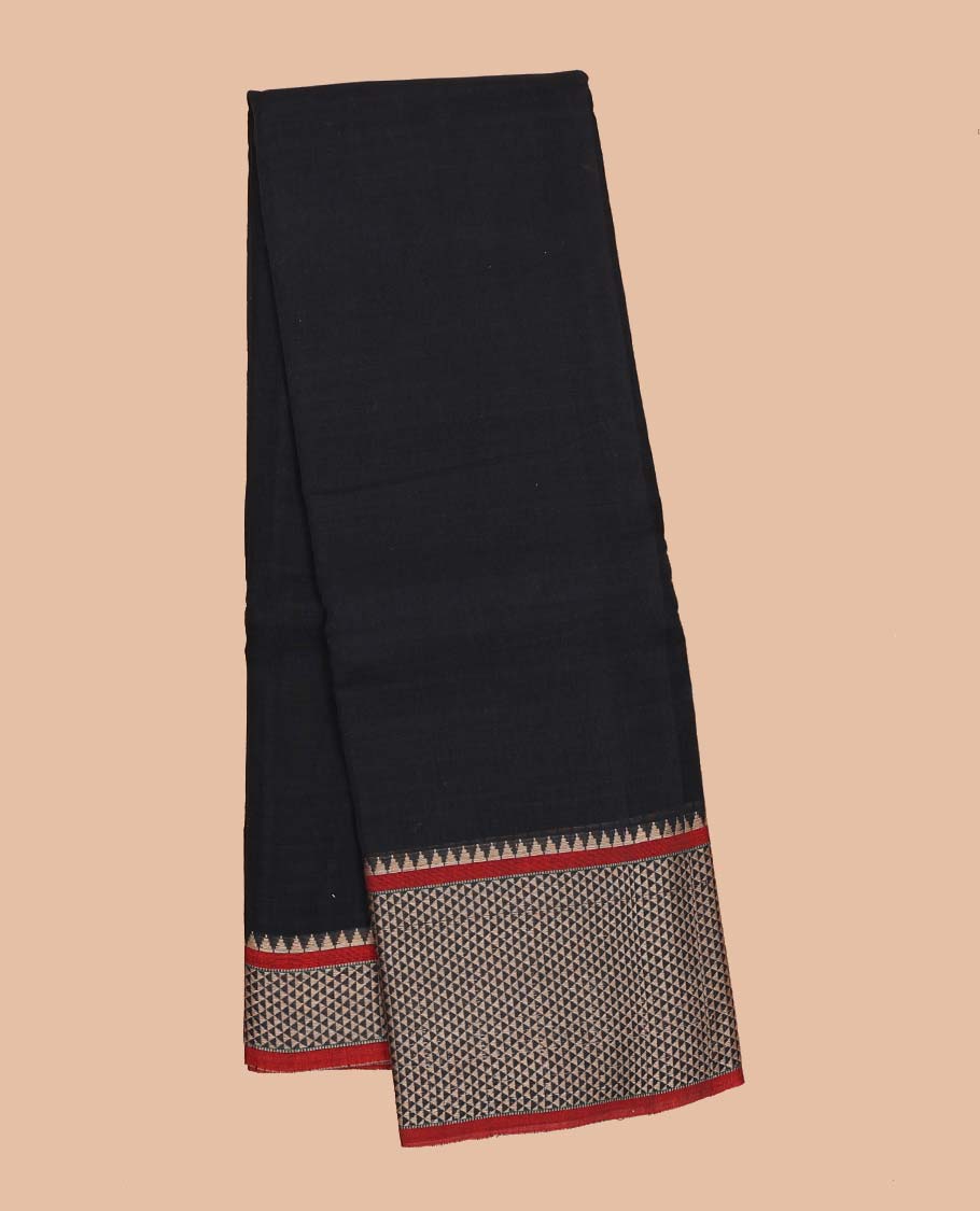 Black plain Narayanapet cotton saree, contrast traditional design border & striped pallu