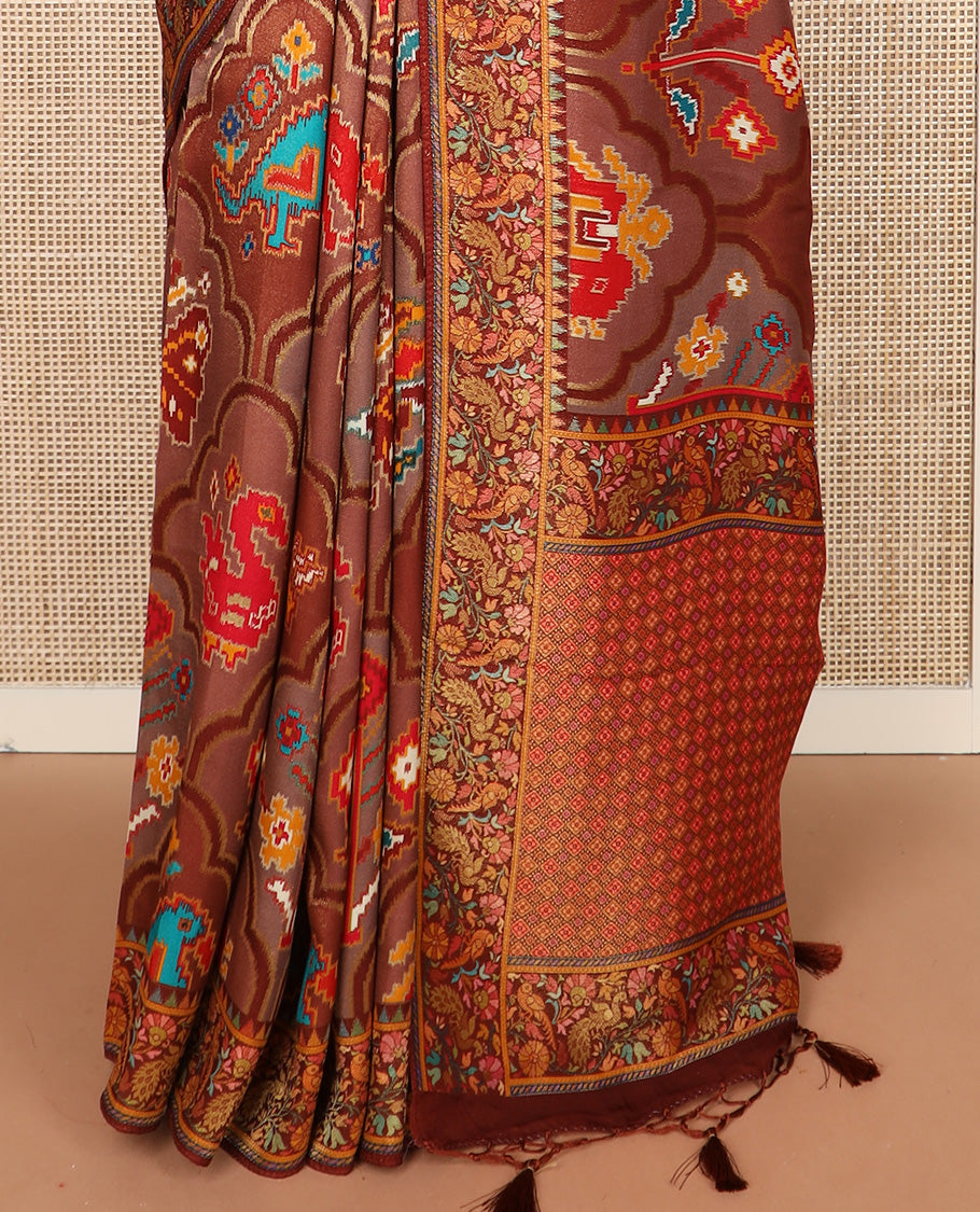 Brown ikkat design printed dola silk saree, floral vine, and peacock border, and jaal pallu