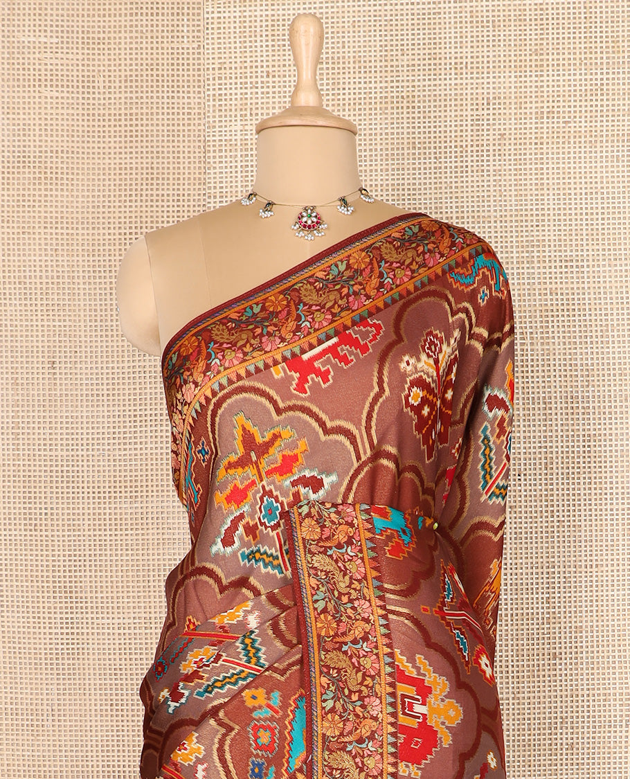 Brown ikkat design printed dola silk saree, floral vine, and peacock border, and jaal pallu