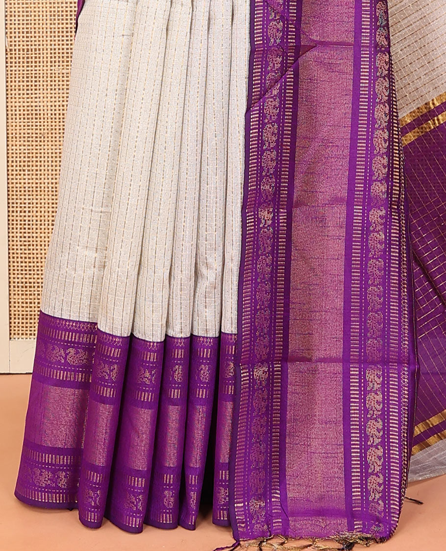 Light sandal butta enclosed checked dupion saree, contrast traditional zari border, and zari design pallu