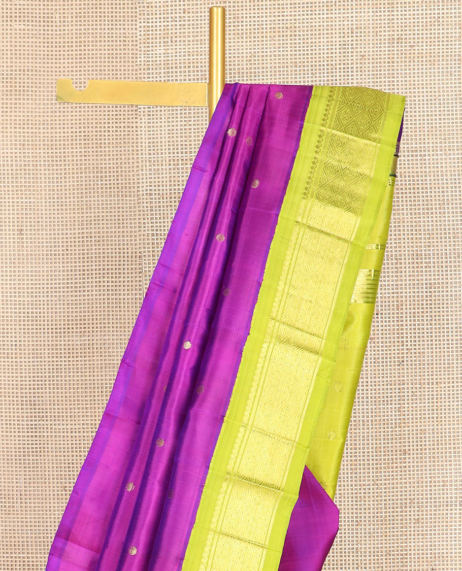 Purple zari buttas kanchipuram silksaree, contrast one-sided korvai border of salngai,banaras, & jaal design & zari design pallu