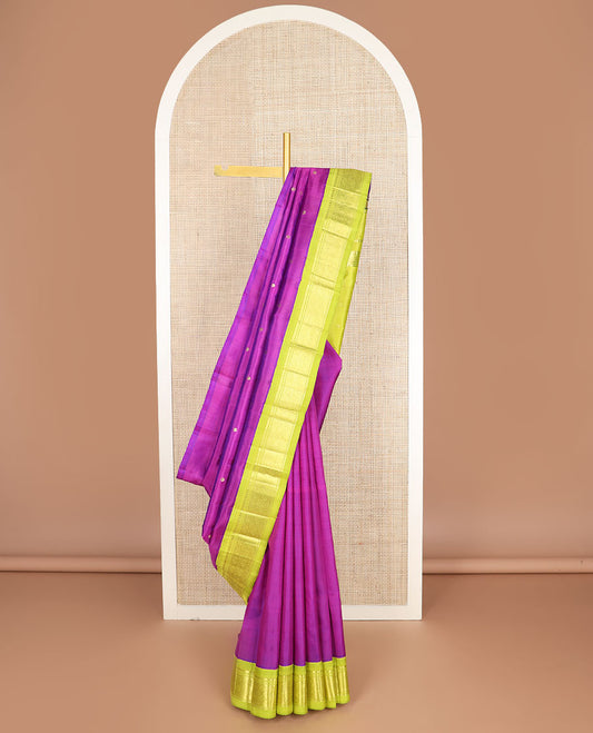 Purple zari buttas kanchipuram silksaree, contrast one-sided korvai border of salngai,banaras, & jaal design & zari design pallu