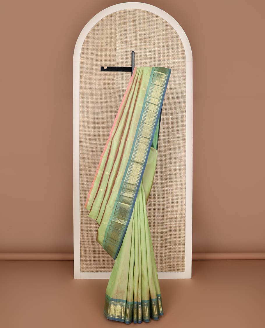 Green zari buttas kanchipuram silk saree, contrast one-sided korvai border of panner sombu,banaras,muthu & jaal & zari design pallu