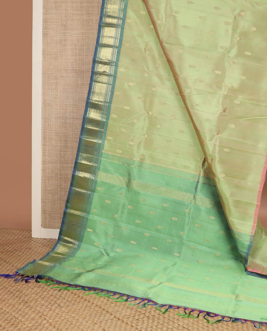 Green zari buttas kanchipuram silk saree, contrast one-sided korvai border of panner sombu,banaras,muthu & jaal & zari design pallu