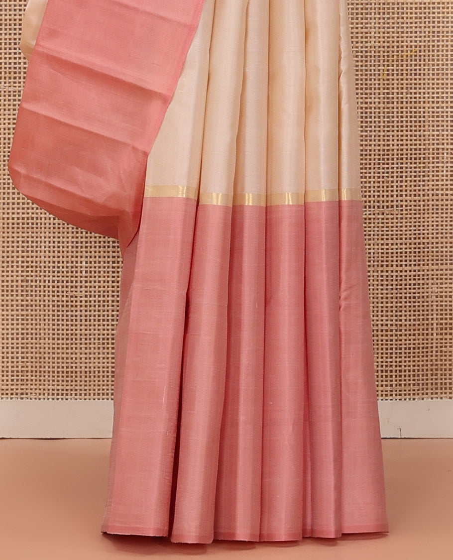 Borderless Purple-Ivory-Peach Kanchipuram Silk Saree with Three-Part Tri-Colors and Horizontal Zari Stripes, Saree Paired with a Matching Blouse