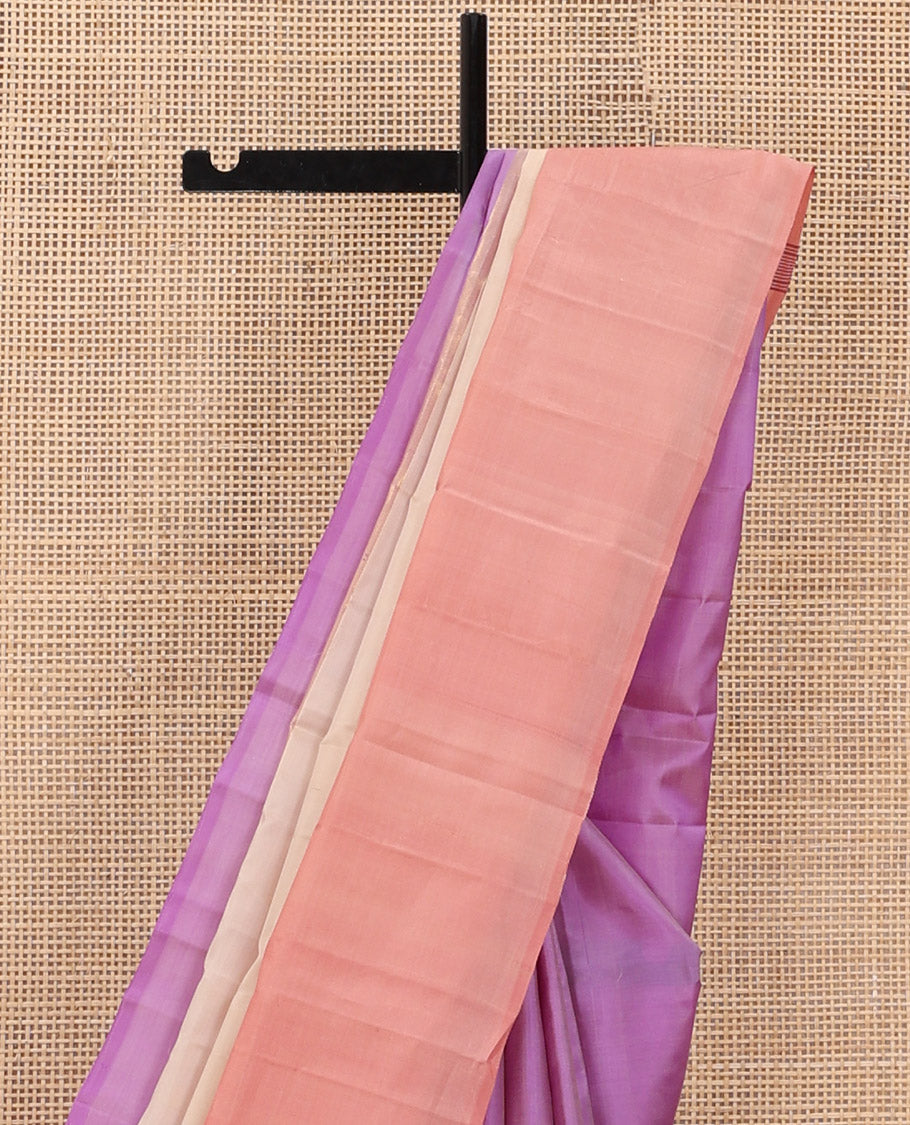 Borderless Purple-Ivory-Peach Kanchipuram Silk Saree with Three-Part Tri-Colors and Horizontal Zari Stripes, Saree Paired with a Matching Blouse