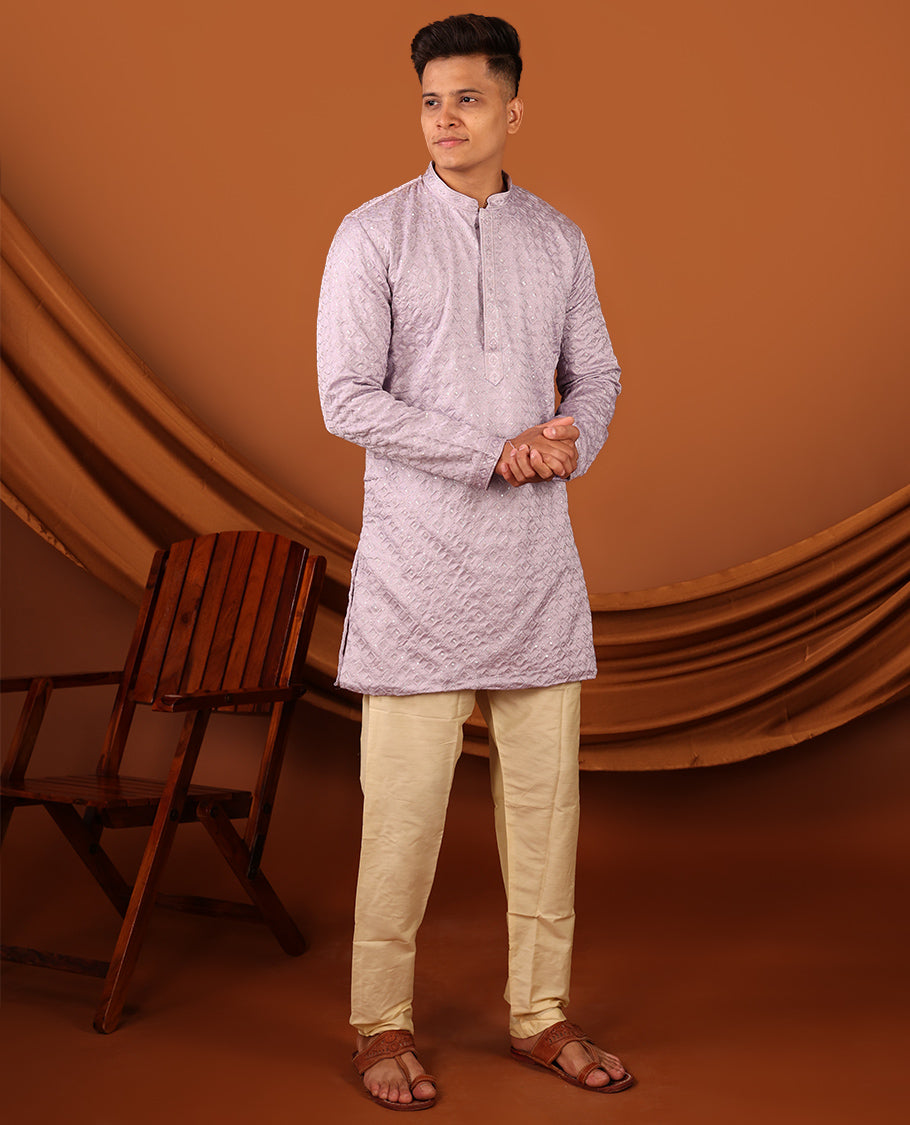 Light Lavender Sequins and Thread Embroidered Full-Sleeved Men's Kurta