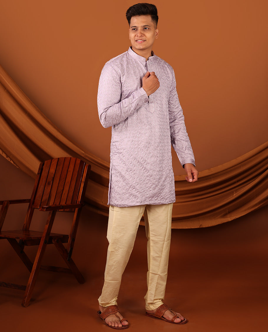 Light Lavender Sequins and Thread Embroidered Full-Sleeved Men's Kurta