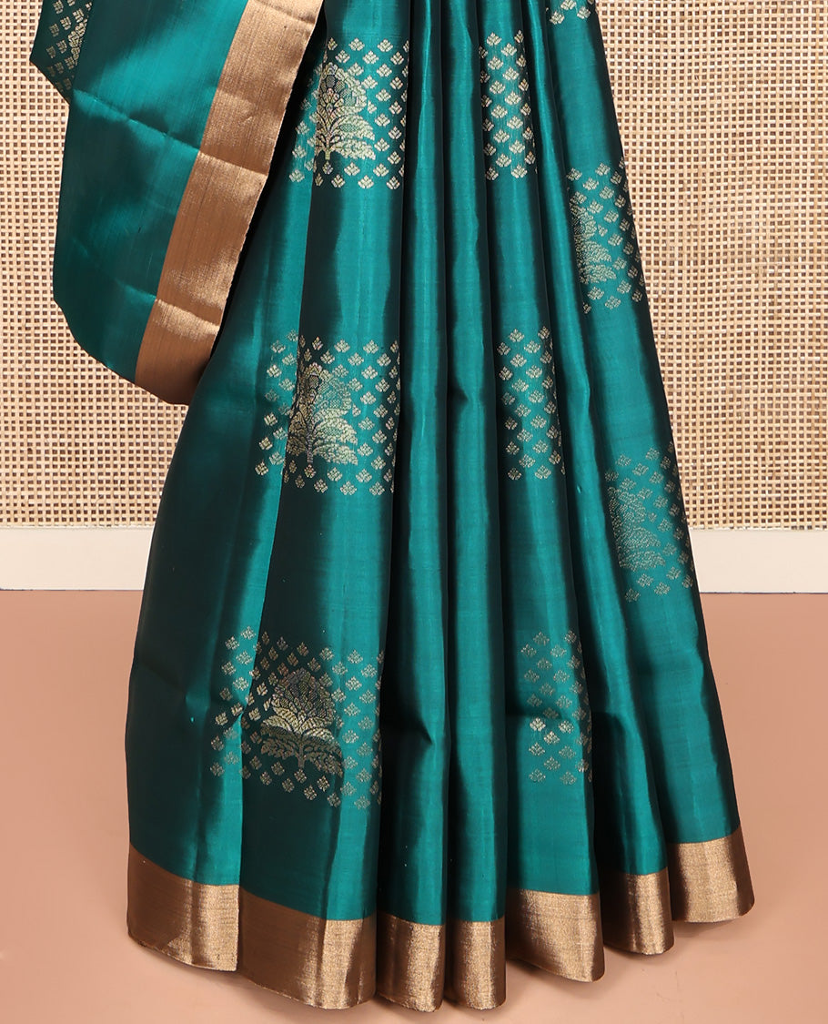Green Mayuri Lite Silk Mix Saree, Detailed with Buttas All Over Its Body, Highlighted by a Zari Bavanji Border, Pallu of Intricate Designs, and Paired with a Contrast Blouse