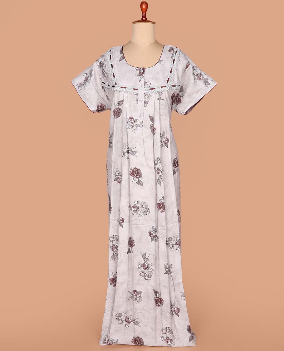 Beige floral printed with lace embroidered half-sleeve round neck cotton nighty