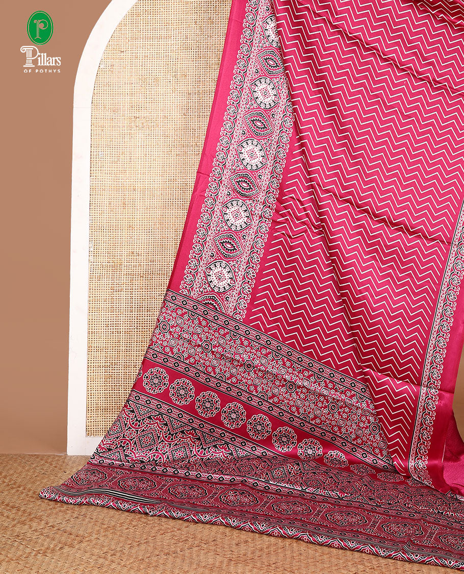 Purple zig zag digital printed design gajji silk saree with ajrak printed border & ajrak printed pallu along with printed blouse
