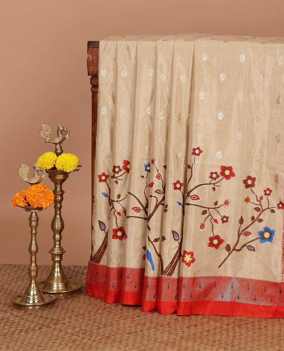 Cream flower and parrot with gold foil peacock printed design dola silk saree, contrast paithani style border & flower and parrot printed pallu along with gold foil prinetd blouse