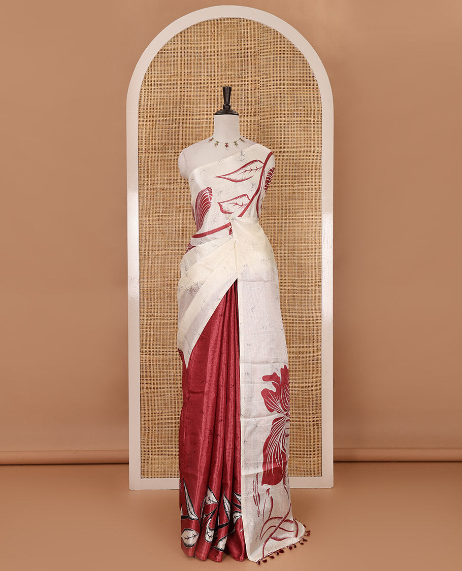 Borderless cream-pink batik-style floral printed khadi cotton saree, printed pallu & printed blouse