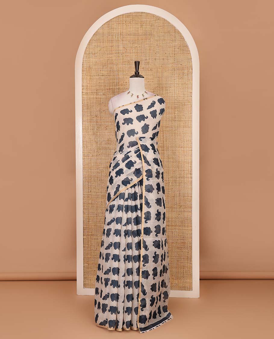 Borderless cream-blue elephant motifs printed linen cotton saree, matching elephant motifs printed blouse