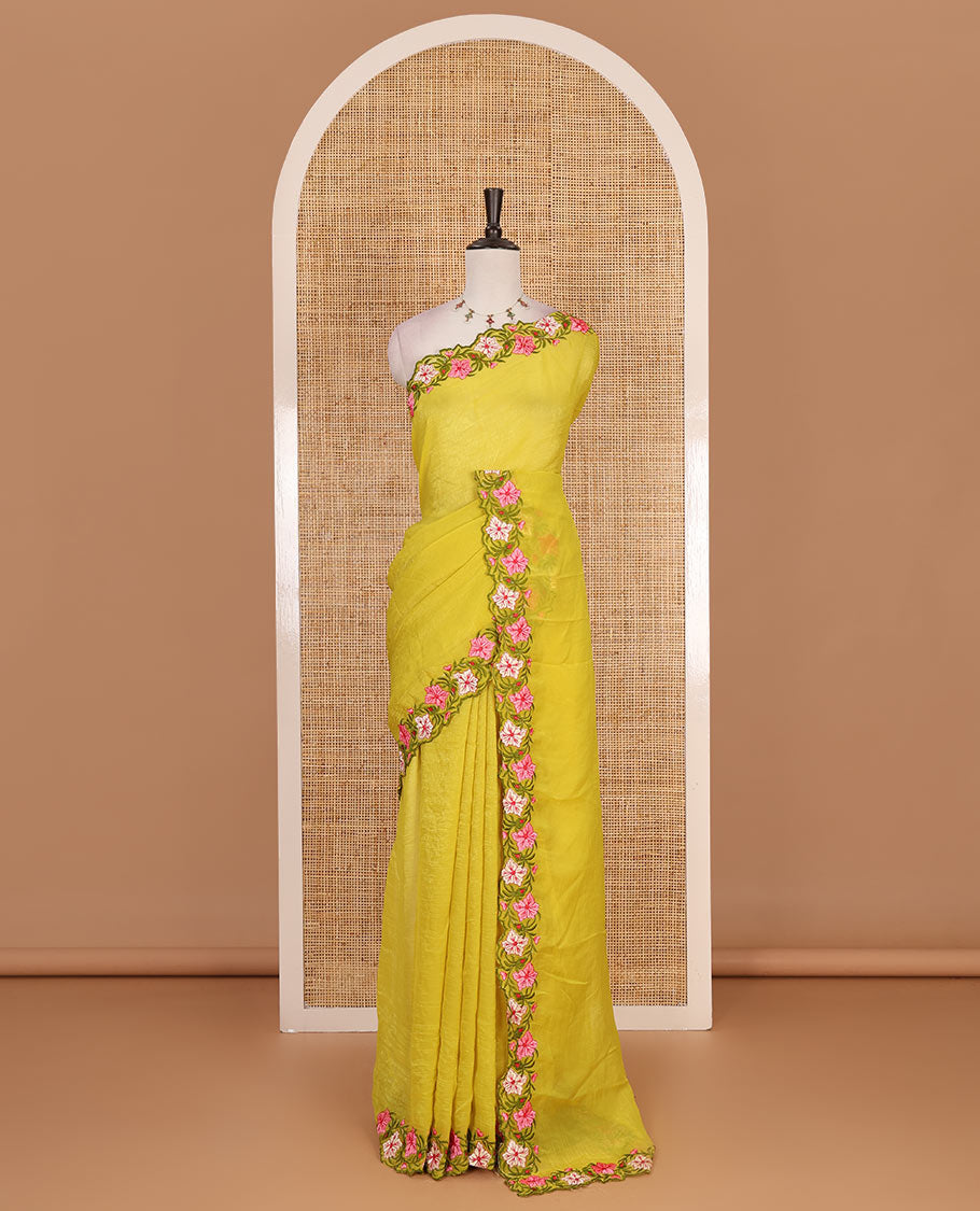 Parrot green full-plain crunchy crushed saree, scallop floral creeper thread embroidered border, and floral embroidered matching blouse