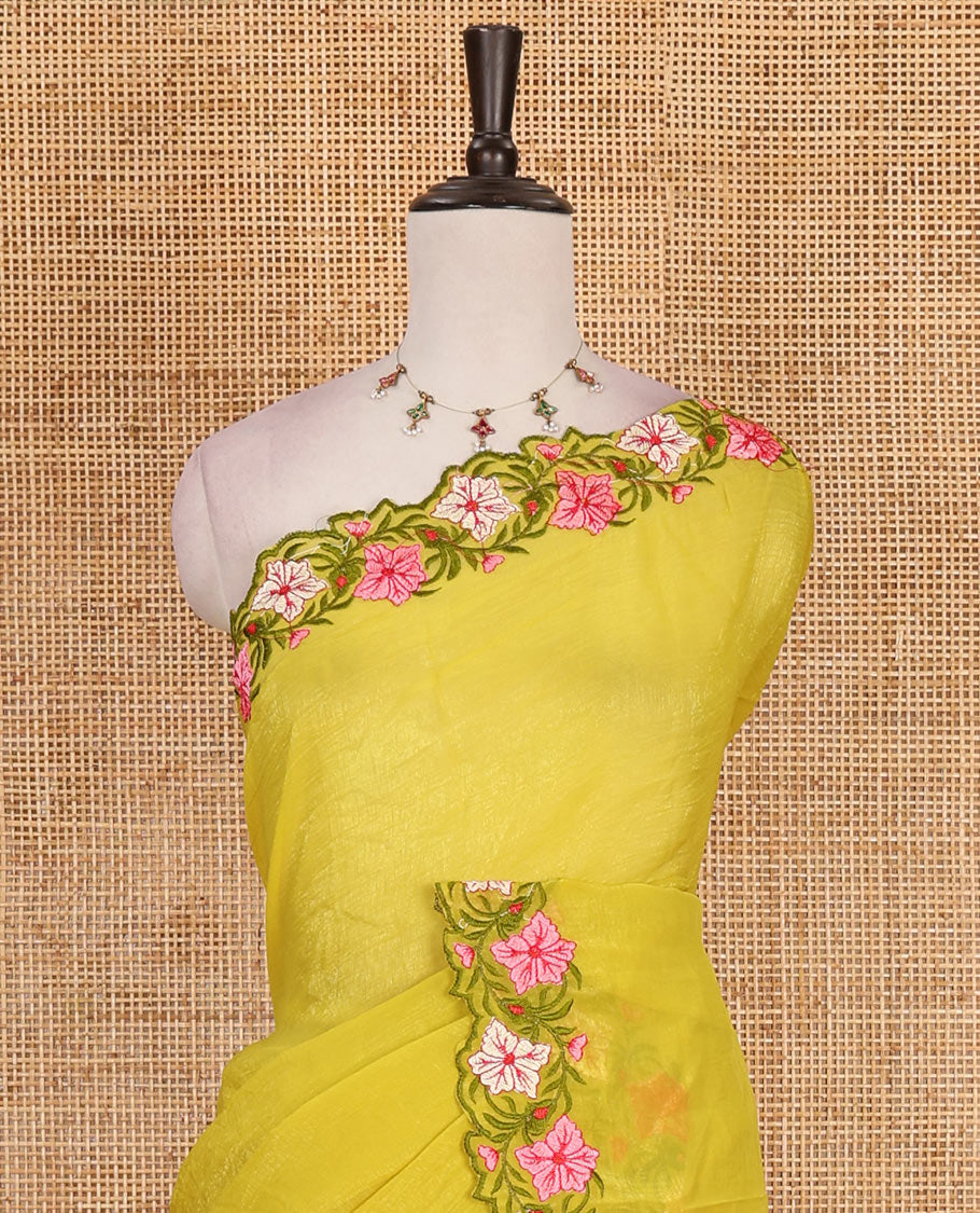 Parrot green full-plain crunchy crushed saree, scallop floral creeper thread embroidered border, and floral embroidered matching blouse