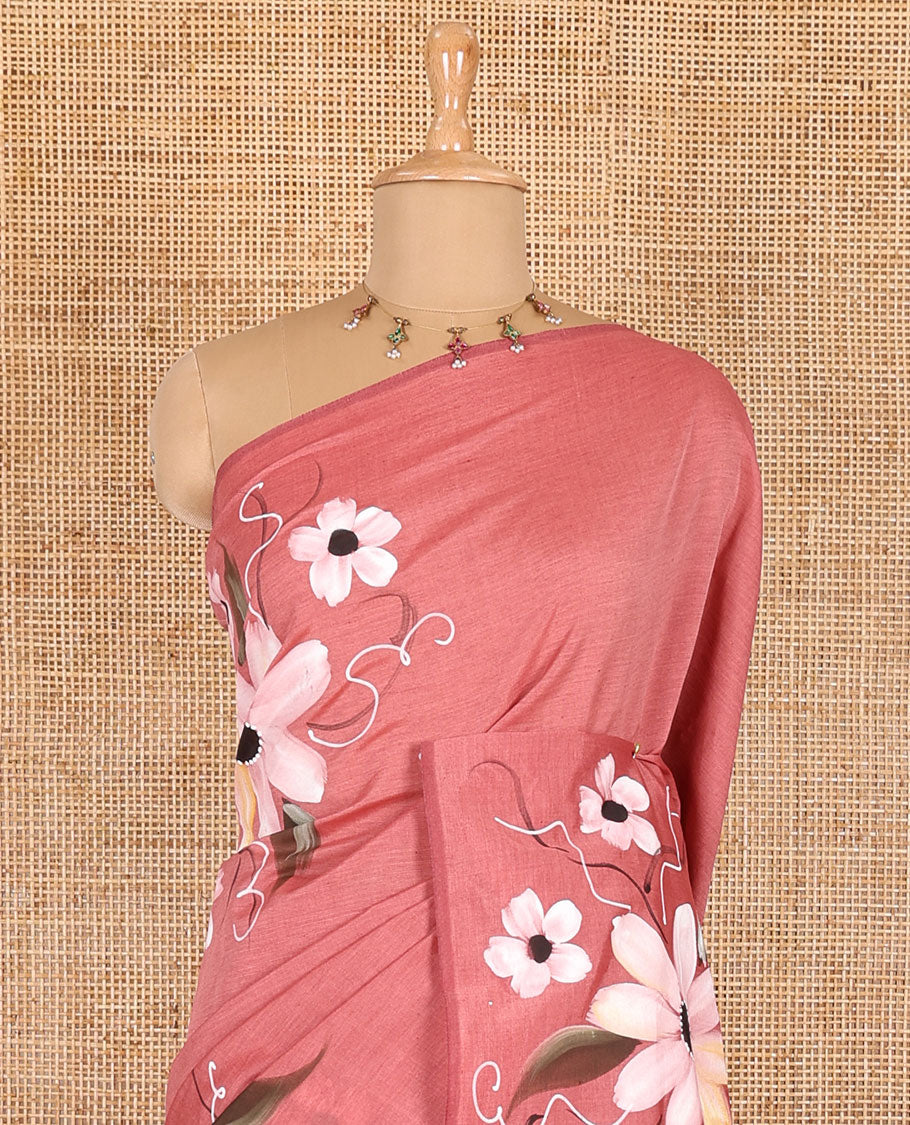Borderless pink hand painting style floral printed South cotton saree, floral printed pallu, and a matching floral printed blouse