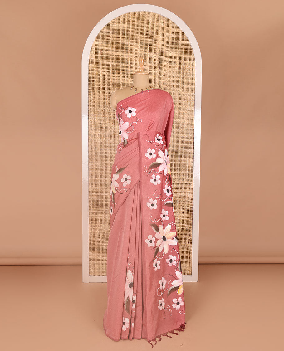Borderless pink hand painting style floral printed South cotton saree, floral printed pallu, and a matching floral printed blouse