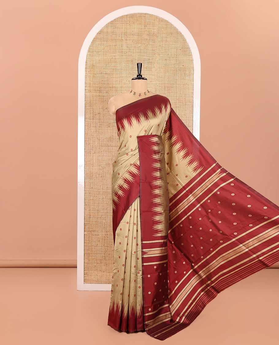 Chikku Kanchi Silk Saree, Subtly Woven with Flower Buttas All Over Its Body, Complemented by a Contrast Temple Border, Pallu Mirrors the Same Floral Motifs, and Paired with a Contrast Blouse