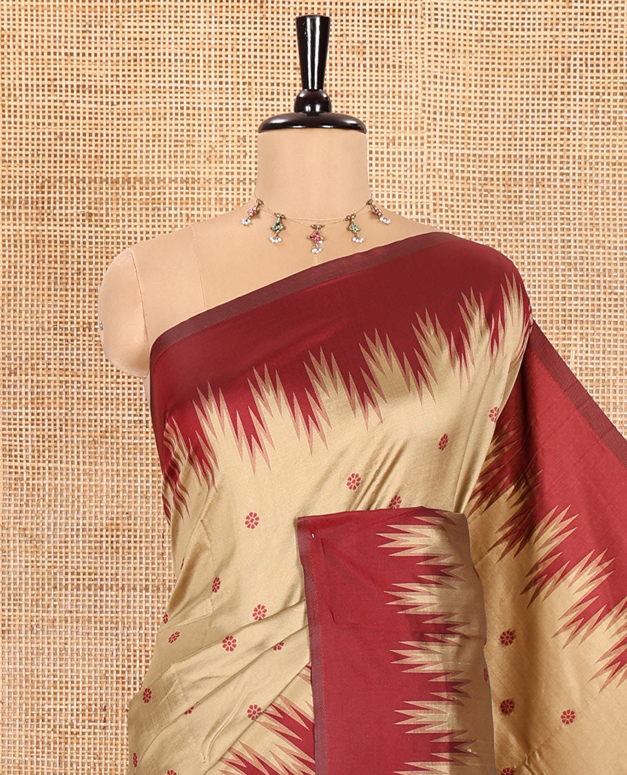 Chikku Kanchi Silk Saree, Subtly Woven with Flower Buttas All Over Its Body, Complemented by a Contrast Temple Border, Pallu Mirrors the Same Floral Motifs, and Paired with a Contrast Blouse
