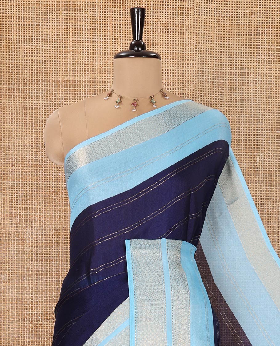 Blue Milan Moss Chiffon Saree, Elevated with Stripes on Its Body, Complemented by a Contrast Geometric-Patterned Zari Border, Pallu of Stripes and Temple Designs, and Paired with a Contrast Blouse
