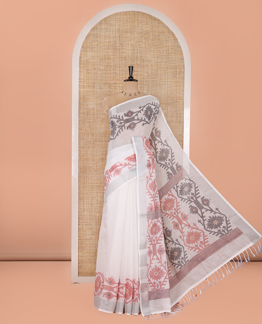 White Plain Linen Cotton Saree, Subtly Sparkled Zari Border of Jamdani-Style Leaf-Floral Designs, Pallu Depicting Jamdani-Style Designs, and Paired with a Matching Blouse